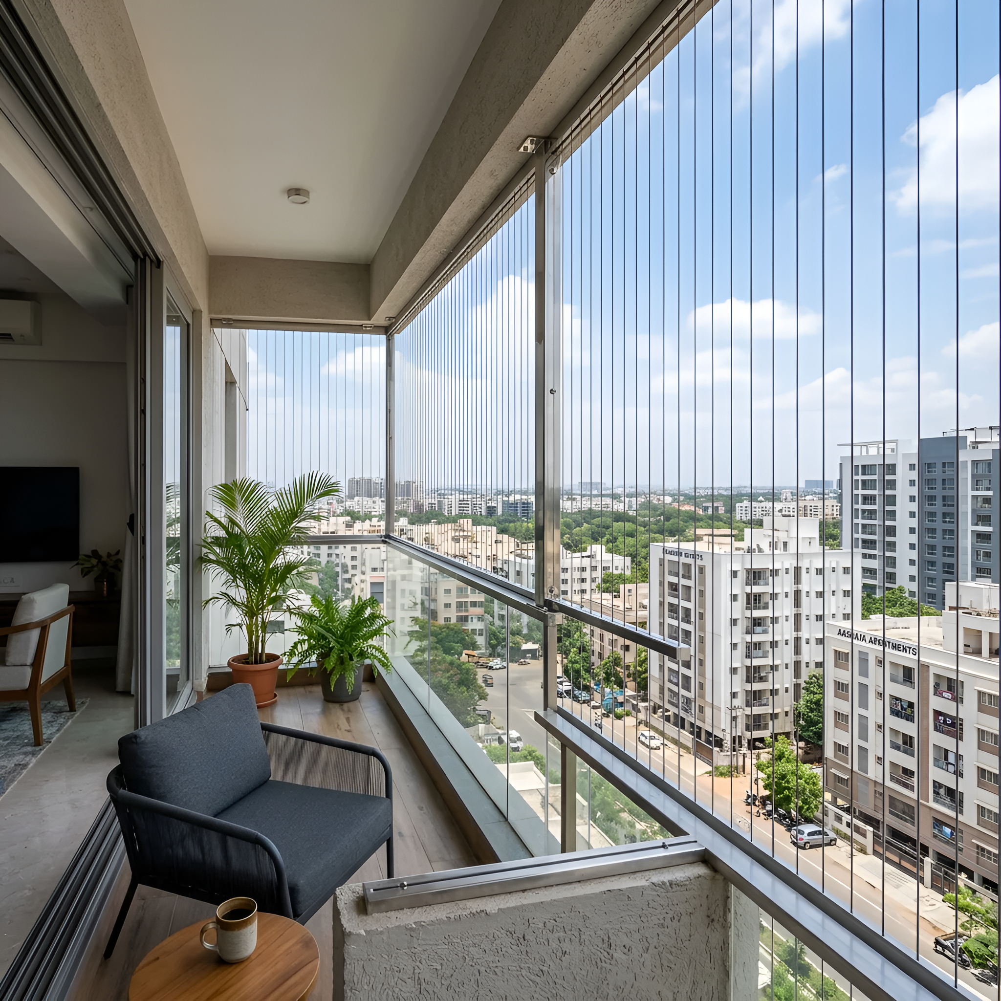 Team installing an invisible grill on a high-rise balcony